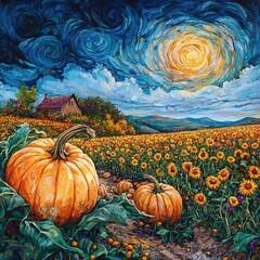Large orange pumpkins grow in a sunflower field under a dramatic swirling sky with a glowing sun and distant mountains isolated transparent png