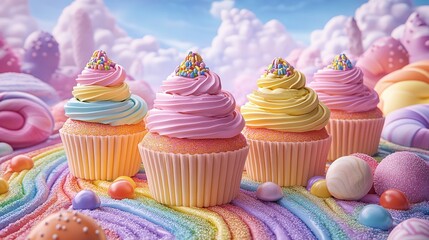 Colorful cupcakes with pastel frosting and sprinkles sitting on a candy rainbow in fantasy landscape transparent png isolated