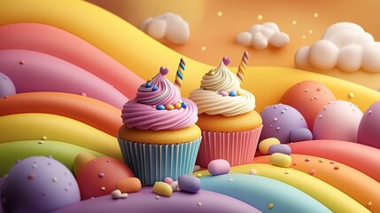 Two colorful cupcakes with candles sit on a vibrant candy landscape with pastel colors and floating clouds transparent png isolated