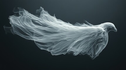A ghostly white bird with long flowing feathers flying in dark space with transparent wings isolated on png background