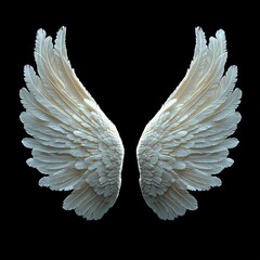 White feathered angel wings spread open in symmetrical position isolated on transparent background png