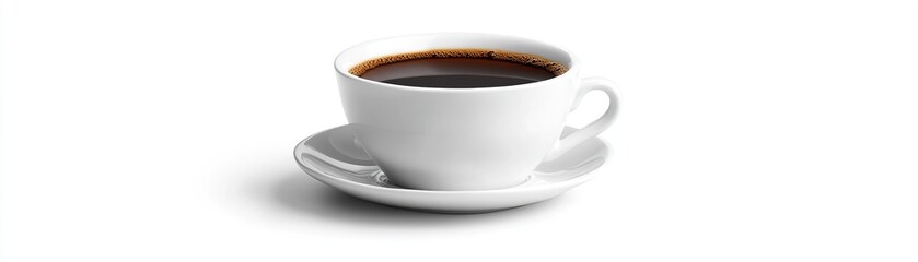 A white ceramic cup filled with black coffee sits on a matching saucer isolated on transparent background png