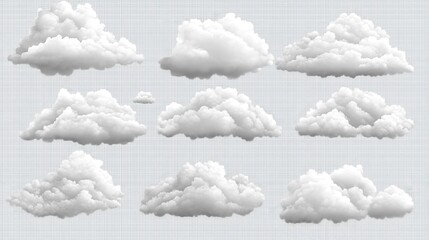 Multiple fluffy white clouds floating in the sky on a transparent background in PNG format isolated for easy use in designs