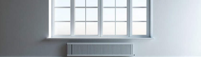 White window with clear glass and radiator below isolated on transparent background png for home interior design