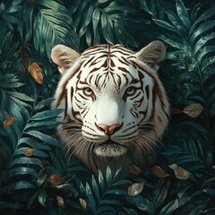 White tiger face surrounded by green jungle leaves with intense stare isolated on transparent background png