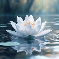 White lotus flower floats gently on calm water with soft reflection isolated transparent png