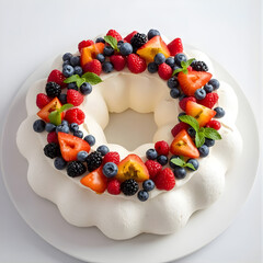 Pavlova Christmas wreath with summer berries and passionfruit topping in isometric view, festive dessert, sweet holiday treat, colorful decoration, perfect stock footage for celebration, joy, and desi