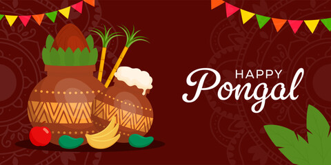 happy pongal festival horizontal banner illustration in flat design