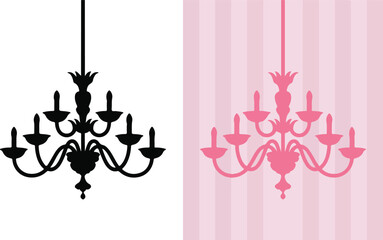 Elegant chandelier illustration in black and pink on transparent and striped backdrop