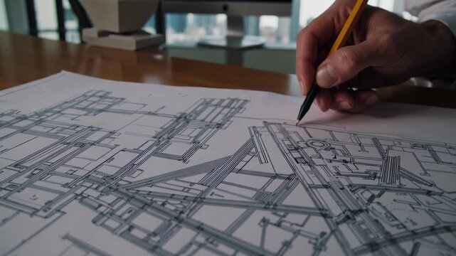 Close up of architects hand sketching detailed building blueprints with a pencil on a desk, symbolizing precision, planning, and creative engineering design process