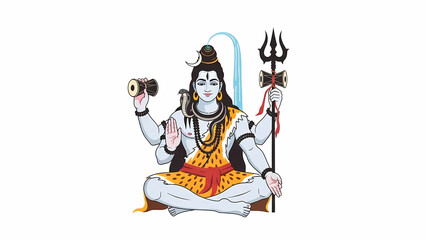 Obraz premium Lord Shiva meditating peacefully in lotus position against a white backdrop, holding a trident and damaru, exuding serenity and spiritual power.