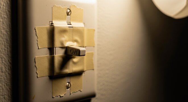 Light switch taped in the on position, preventing accidental shutoff.