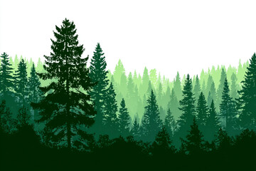 Fototapeta premium A dense evergreen forest with trees fading into a pale sky