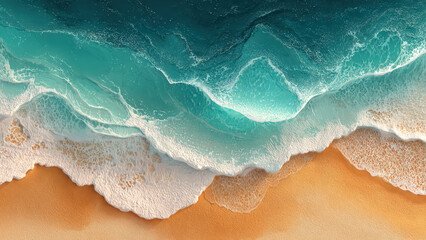 Obraz premium Aqua waves and warm sand meet in smooth minimal curves, pastel gradients and subtle textures forming a serene, luxury beach-inspired wallpaper.