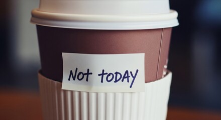 Coffee cup with a "Not today" note, symbolizing a break or procrastination.