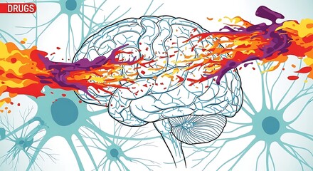 Obraz premium Abstract illustration of a human brain with colorful, fiery energy flowing through it, symbolizing the impact of drugs on the mind.