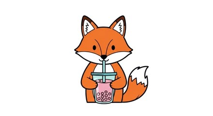 Obraz premium Adorable fox character enjoying a refreshing bubble tea on a white background illustration