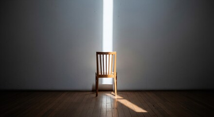 Empty wooden chair bathed in sunlight against a gray wall indoors.