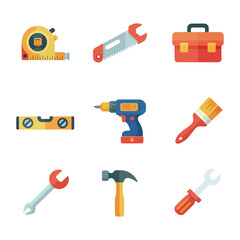 Handyman tools collection, tape measure, adjustable wrench, handsaw, toolbox, power drill, spirit level, pliers, hammer, repair workshop icons
