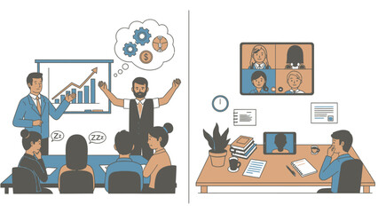 Business meeting in person versus virtual conference illustration presentation