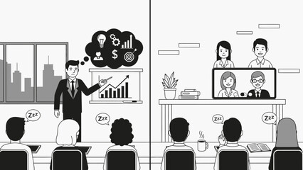 Monochrome Hybrid Meeting Fatigue Doodle Illustration