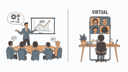 Office meeting comparison between in-person with virtual online team working