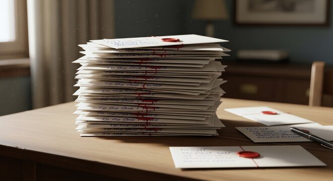 Pile of old letters sealed with wax on a wooden table in a room