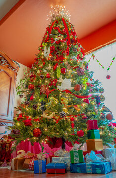 Christmas morning with the Tree in front of a curtained window with fruit and birds decorations