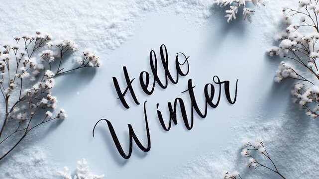 Hello Winter seasonal message on snowy blue background with flowers