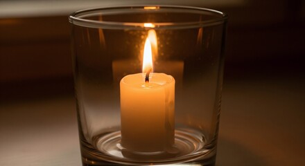 Warm candlelight glows softly in a clear glass holder, casting a gentle light