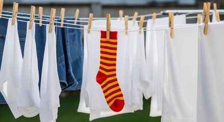 Laundry line in backyard: striped sock hangs among white clothes, sunny day