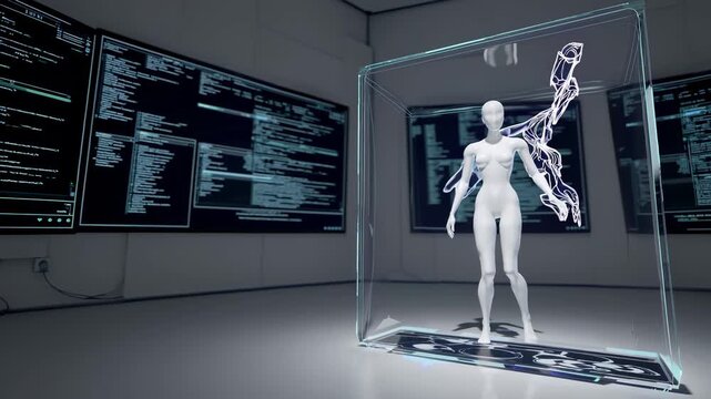 virtual avatar being recorded by motion capture system, advanced motion capture setup recording holographic and virtual dancer against futuristic lighting environment