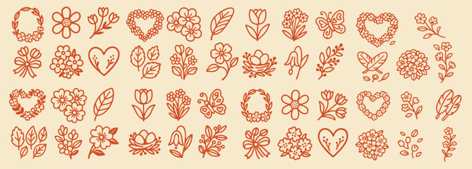 Fototapeta premium Hand drawn floral line art icons in terracotta orange, repeating rows of wreaths, hearts, blossoms and leaves on beige background for spring stationery and feminine branding