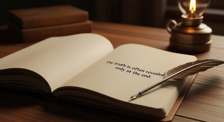 Old Book with Quill Pen on Wooden Desk under Oil Lamp, Vintage Style