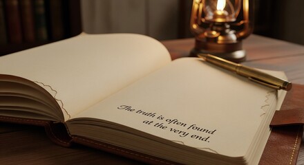 Vintage journal with pen, antique oil lamp on wooden desk at night.