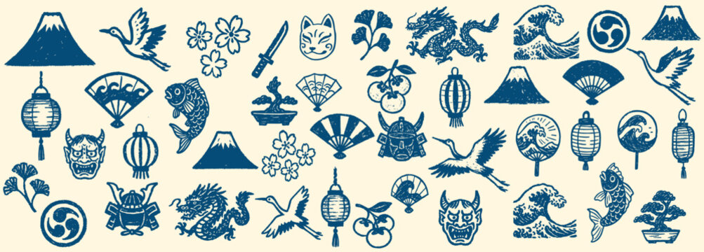 Traditional japanese woodblock style blue icons of mount fuji, cranes, waves, dragons, lanterns and cherry blossoms arranged in seamless horizontal border on beige background