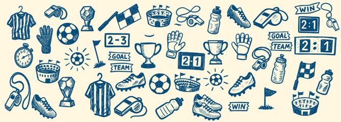 Naklejka premium Hand drawn doodle style football icons set with jerseys, boots, trophies, whistles and scoreboards arranged in horizontal seamless banner on beige background
