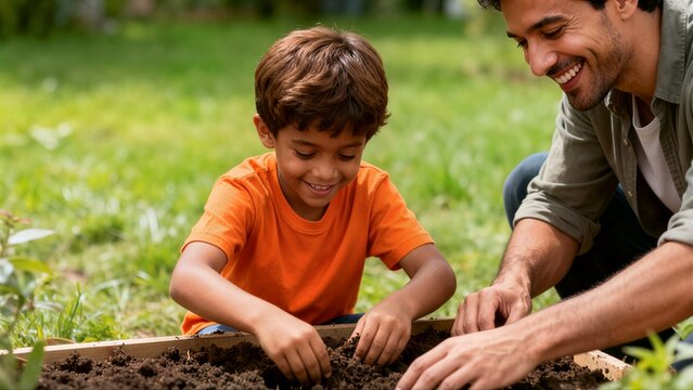 A smiling father and his young son are seen working together, mixing rich dark soil in a raised garden bed outdoors on a sunny day.