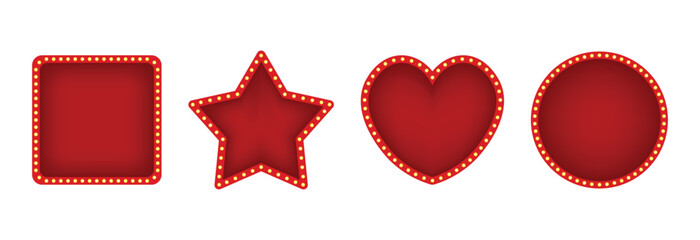 Set of retro red and gold illuminated marquee banners and frames with light bulbs for casino or theater signs