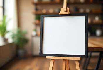 Elegant blank sign with black frame on a slim metal stand, ideal for modern minimalist interiors, showcasing information, artwork, promotions, or messages with clean design.