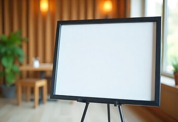 Elegant blank sign with black frame on a slim metal stand, ideal for modern minimalist interiors, showcasing information, artwork, promotions, or messages with clean design.