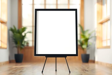 Elegant blank sign with black frame on a slim metal stand, ideal for modern minimalist interiors, showcasing information, artwork, promotions, or messages with clean design.