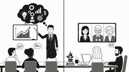 Boring Meeting with Online Presenter and Sleeping Employees in Office Illustration