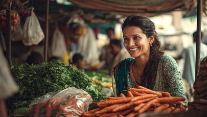 Smiling Woman Selling Fresh Produce at a Bustling Market.