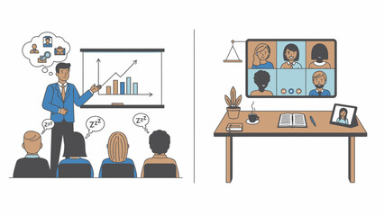Business presentation versus remote virtual meeting comparison illustration