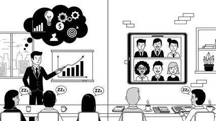 Monochrome Hybrid Work Meeting Presentation Chart Video Call Illustration
