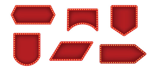 Set of retro red and gold illuminated marquee banners and frames with light bulbs for casino or theater signs