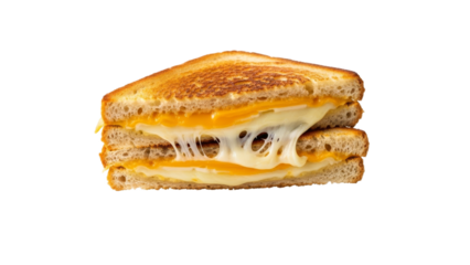 A close-up of a golden grilled cheese sandwich with melting cheese on a clean white backdrop showcasing comfort food