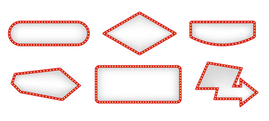 Set of retro white and red illuminated marquee arrows and signs with light bulbs for show business advertisement