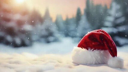 Festive Santa hat rests in snowy winter landscape with soft golden light and falling snow - Powered by Adobe